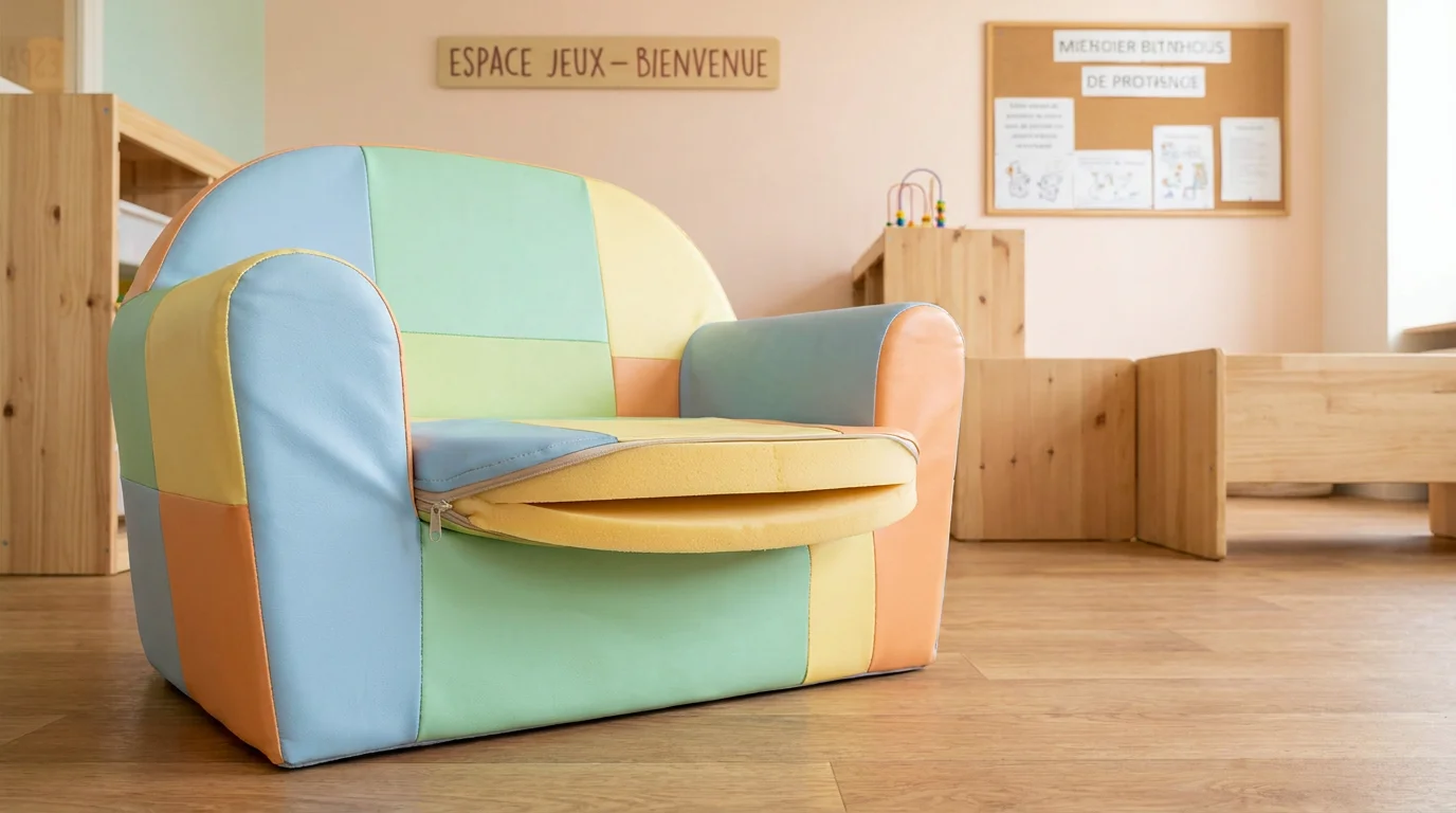 Détail d'un fauteuil en mousse pour enfant avec revêtement PVC adapté aux normes petite enfance