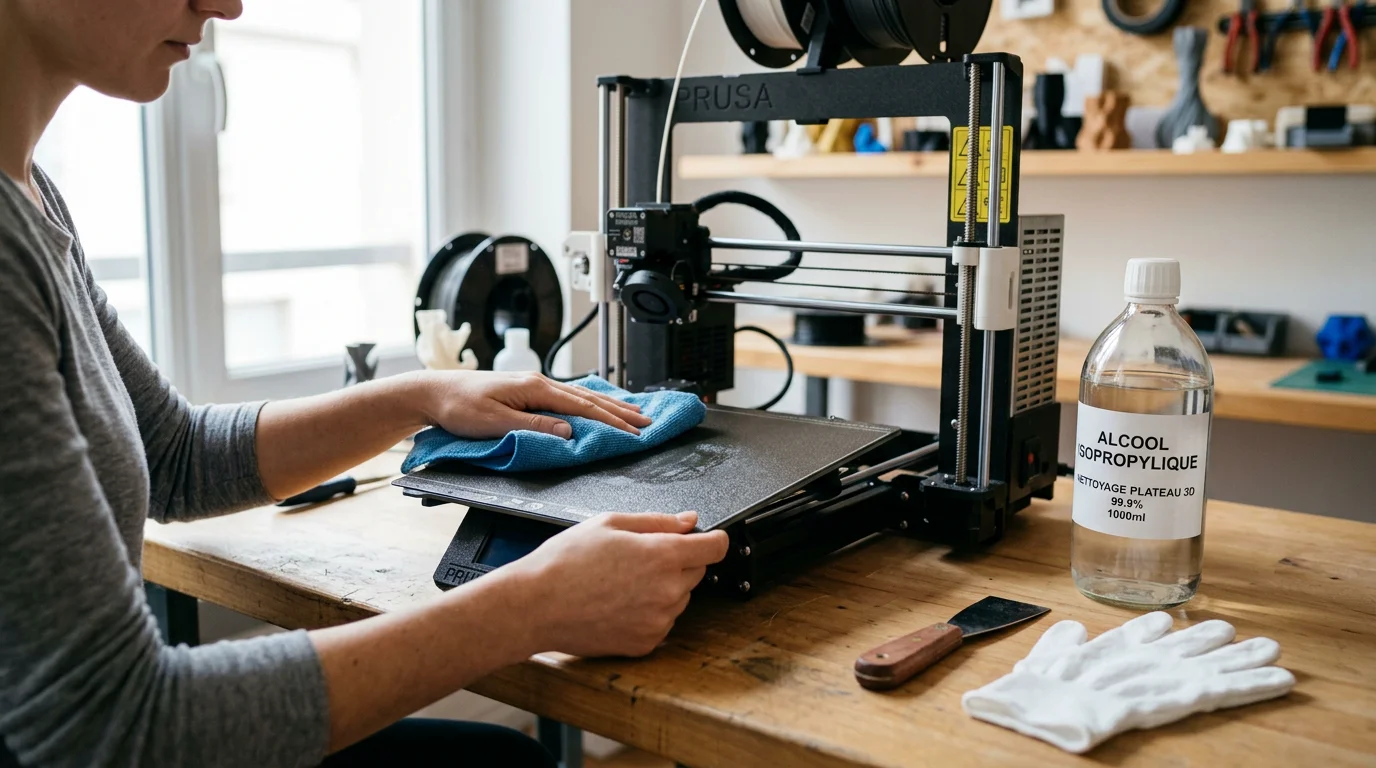 Nettoyage d'un plateau d'imprimante 3D avec de l'alcool isopropylique et un chiffon