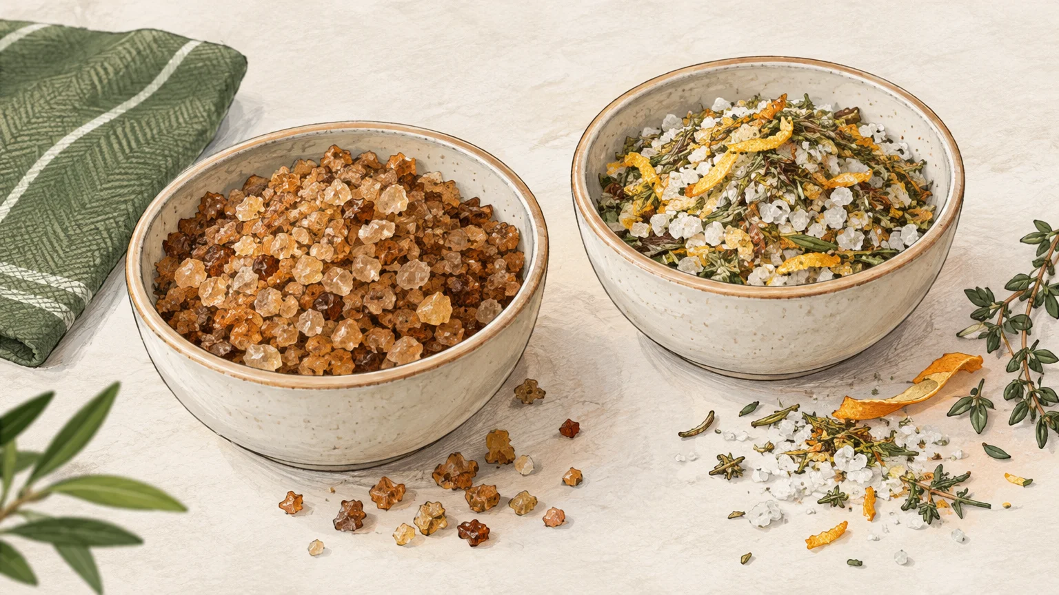 Deux bols présentent un sel fumé et un sel aromatisé aux herbes et aux agrumes