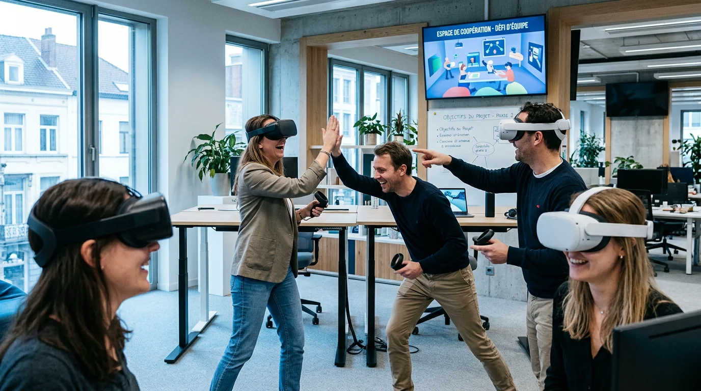 Équipe portant des casques de réalité virtuelle lors d'un événement d'entreprise