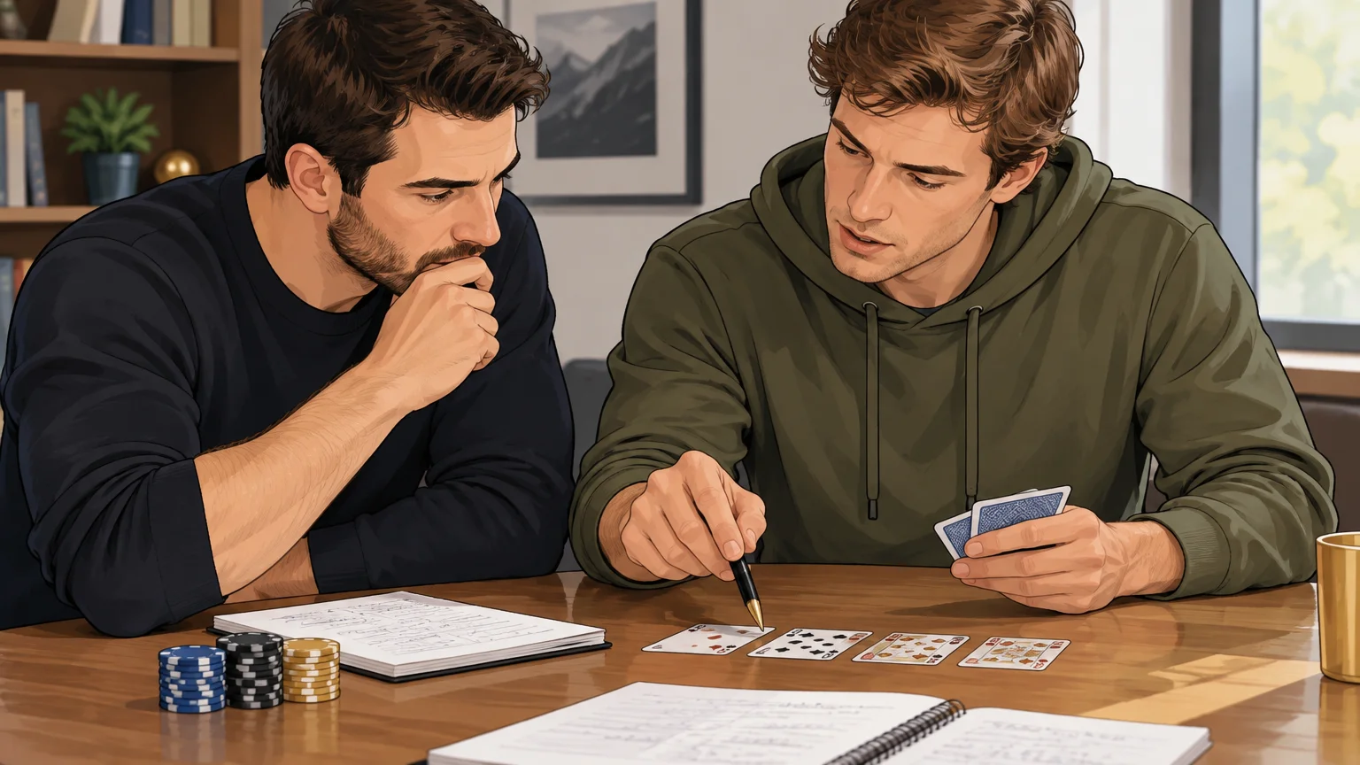Un coach et un joueur étudient ensemble une main de poker.