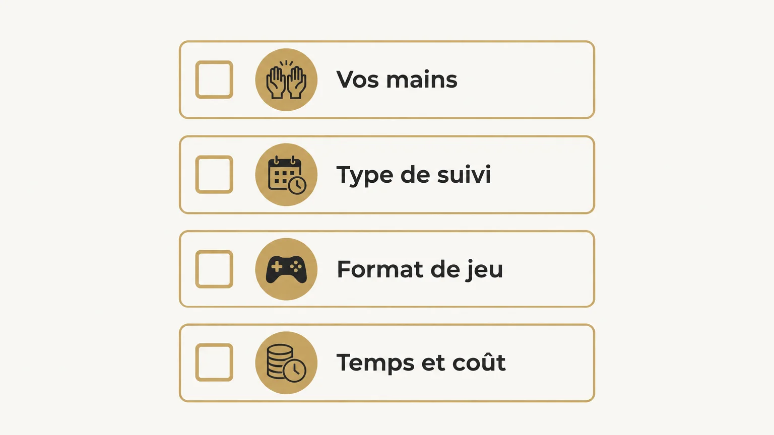 Checklist des critères pour comparer deux accompagnements poker.
