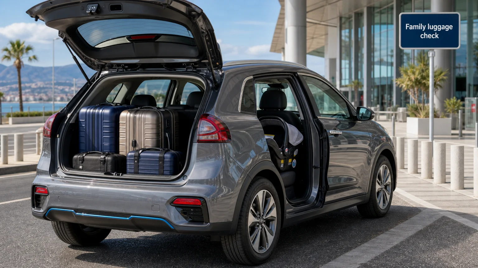 Open trunk of a grey 2021 electric Kia e-Niro with two checked suitcases, two cabin bags, and a rear-facing infant seat