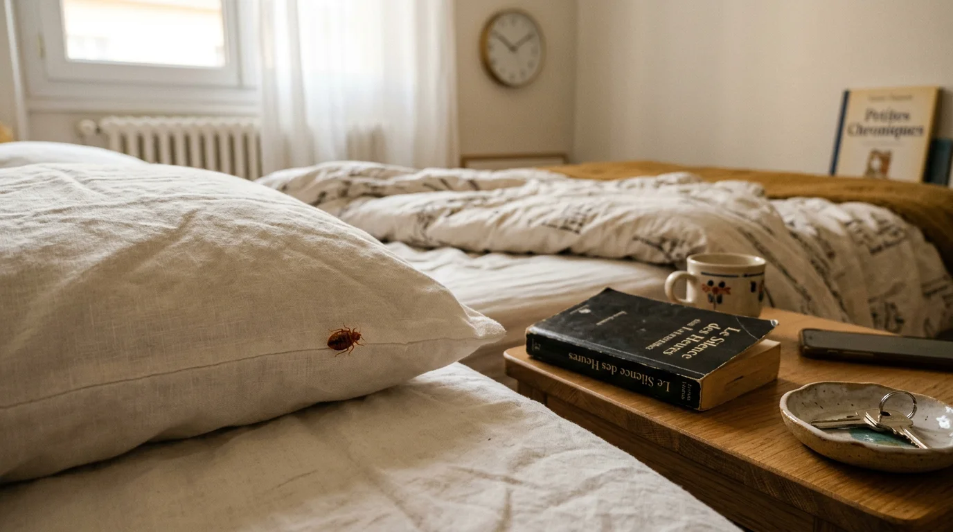 Punaise de lit sur des draps blancs dans une chambre