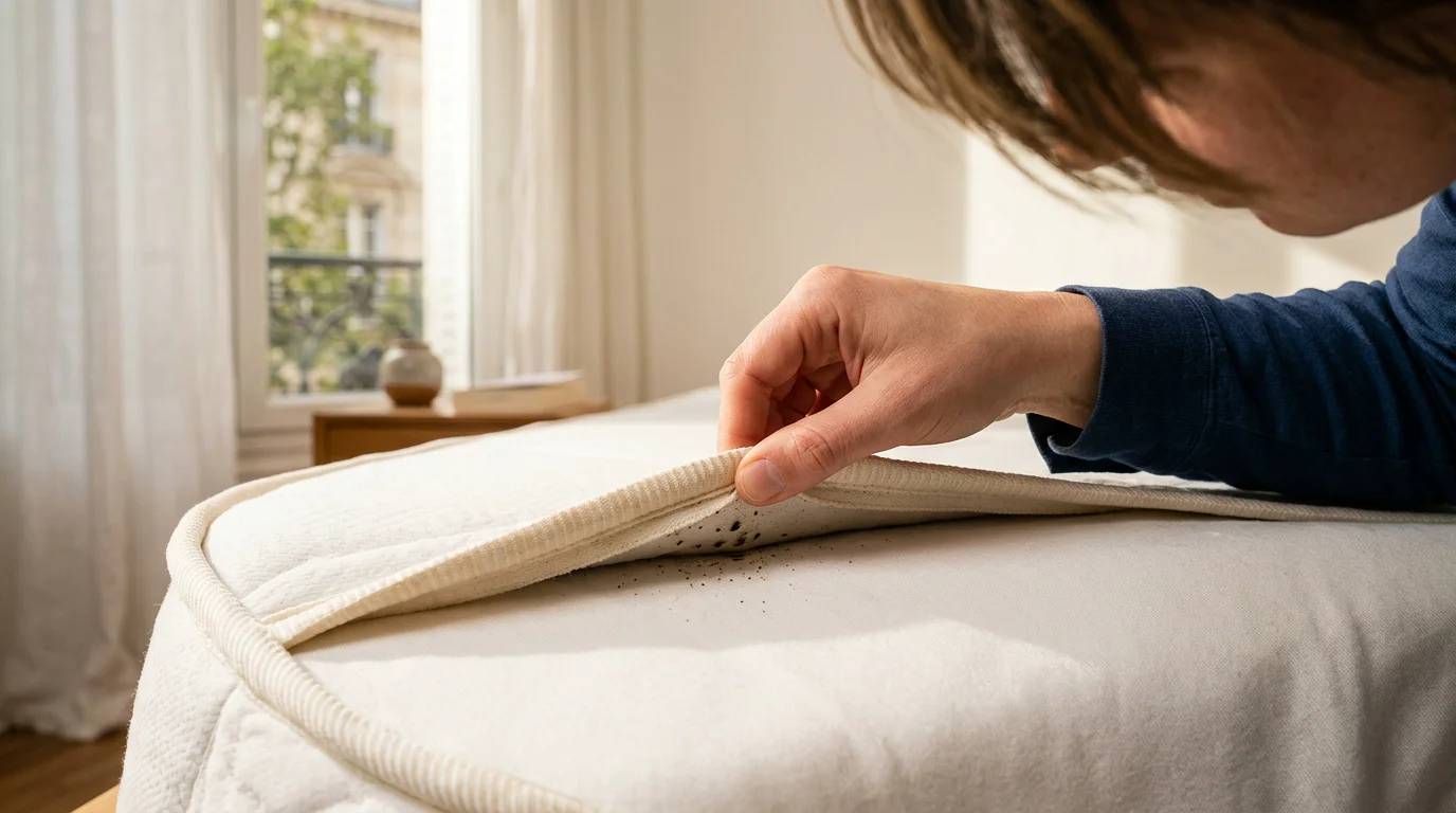 Inspection d'un matelas pour détecter des punaises de lit dans une chambre