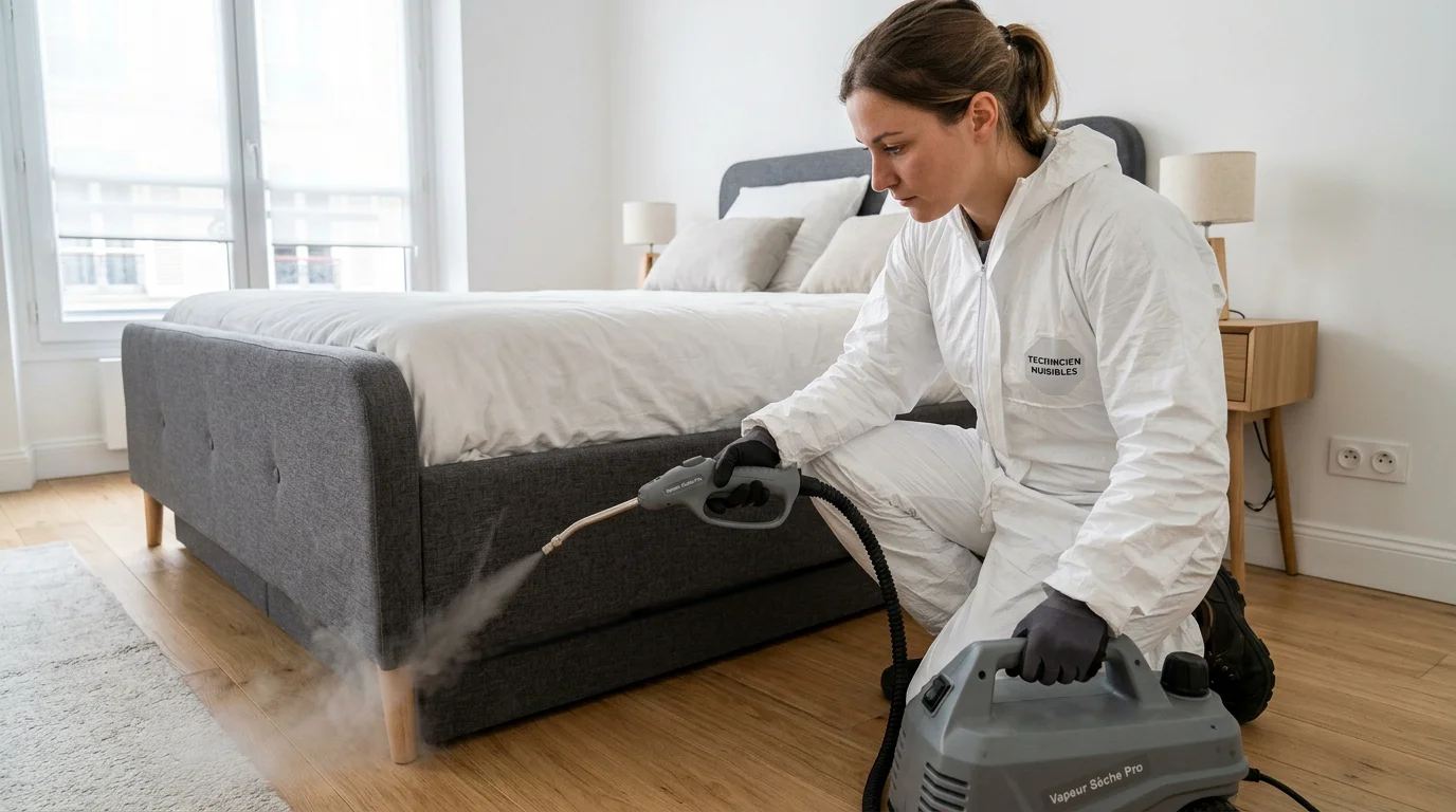 Technicien traitant un lit à la vapeur sèche contre les punaises de lit