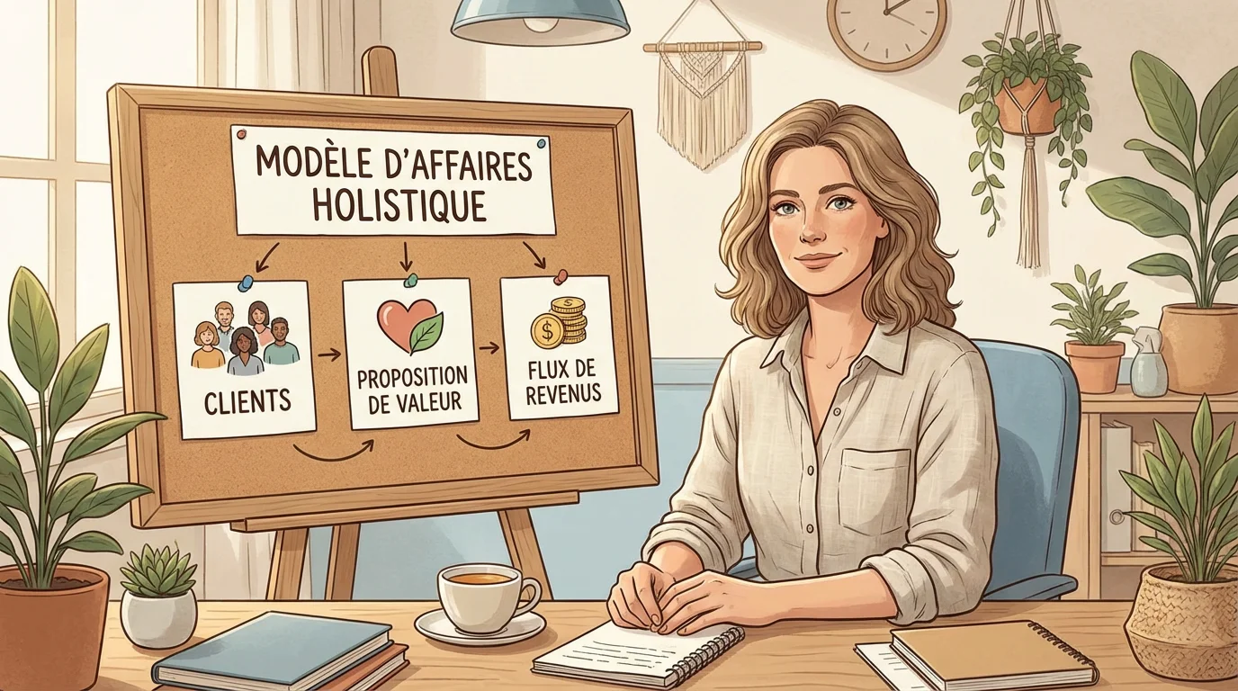 Illustration d'un thérapeute construisant son modèle économique avec un schéma visuel