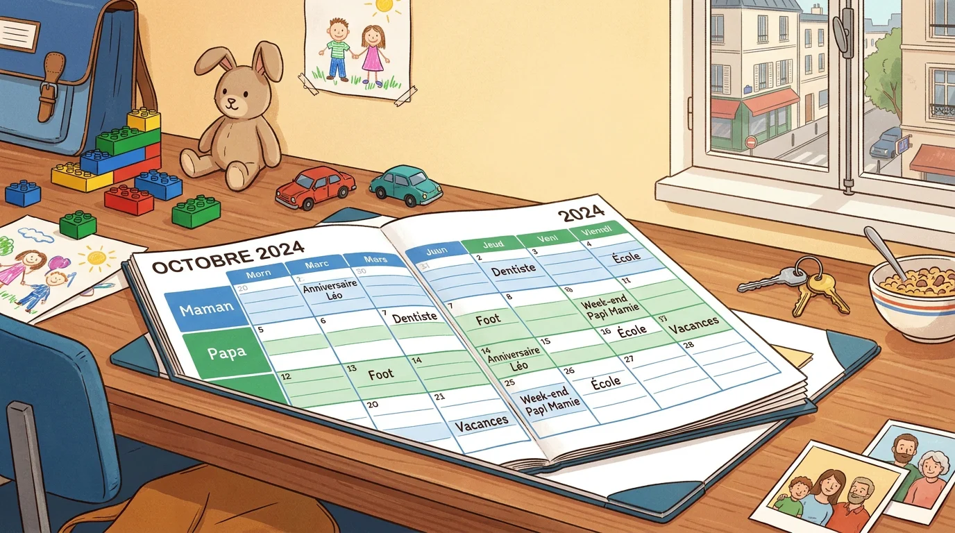Calendrier de garde alternée illustrant l'alternance hebdomadaire entre les deux parents après un divorce