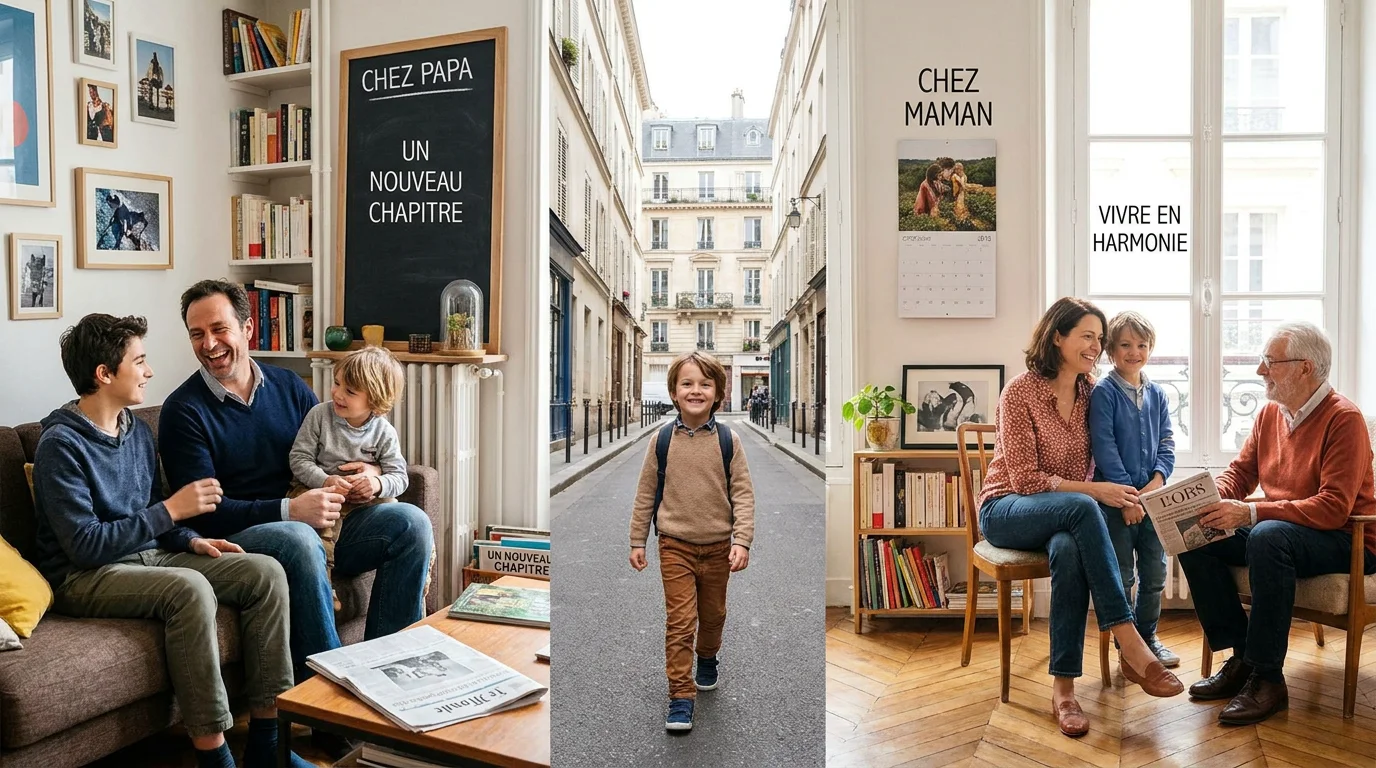 Enfant en garde alternée passant sereinement d'un foyer à l'autre après la séparation de ses parents