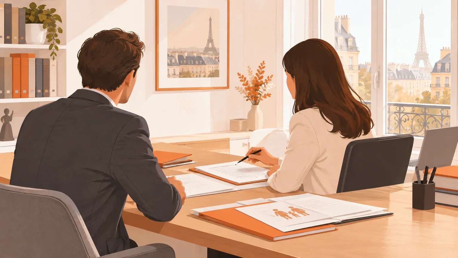 Illustration d’un échange entre un client et une avocate autour de documents dans un bureau.
