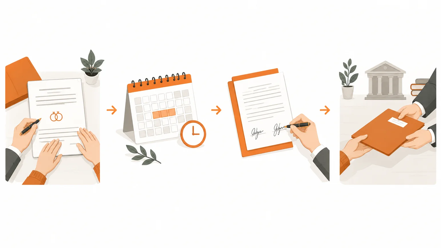 Illustration linéaire d’un projet de convention, d’un calendrier et d’un dossier signé.