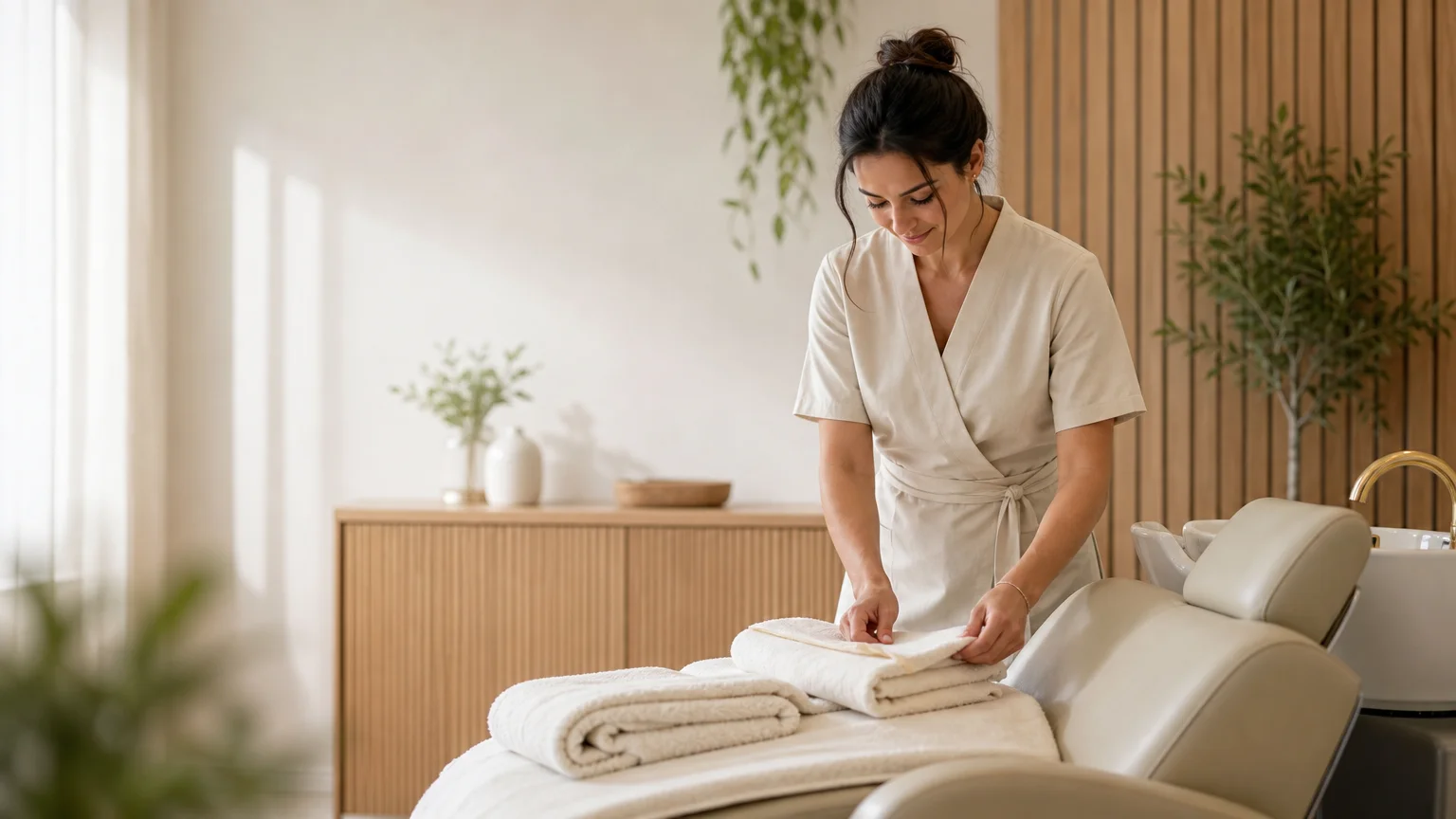 Espace professionnel préparé pour une séance de formation Head Spa