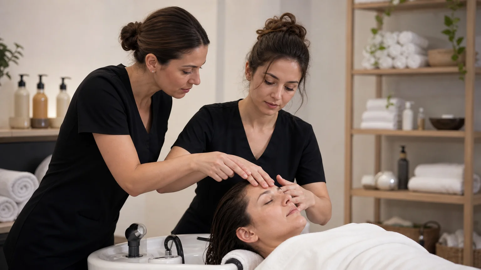 Formatrice corrigeant les gestes d’une stagiaire pendant une pratique Head Spa