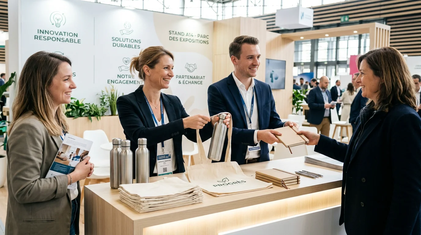 Distribution d'objets publicitaires sur un stand de salon professionnel en France