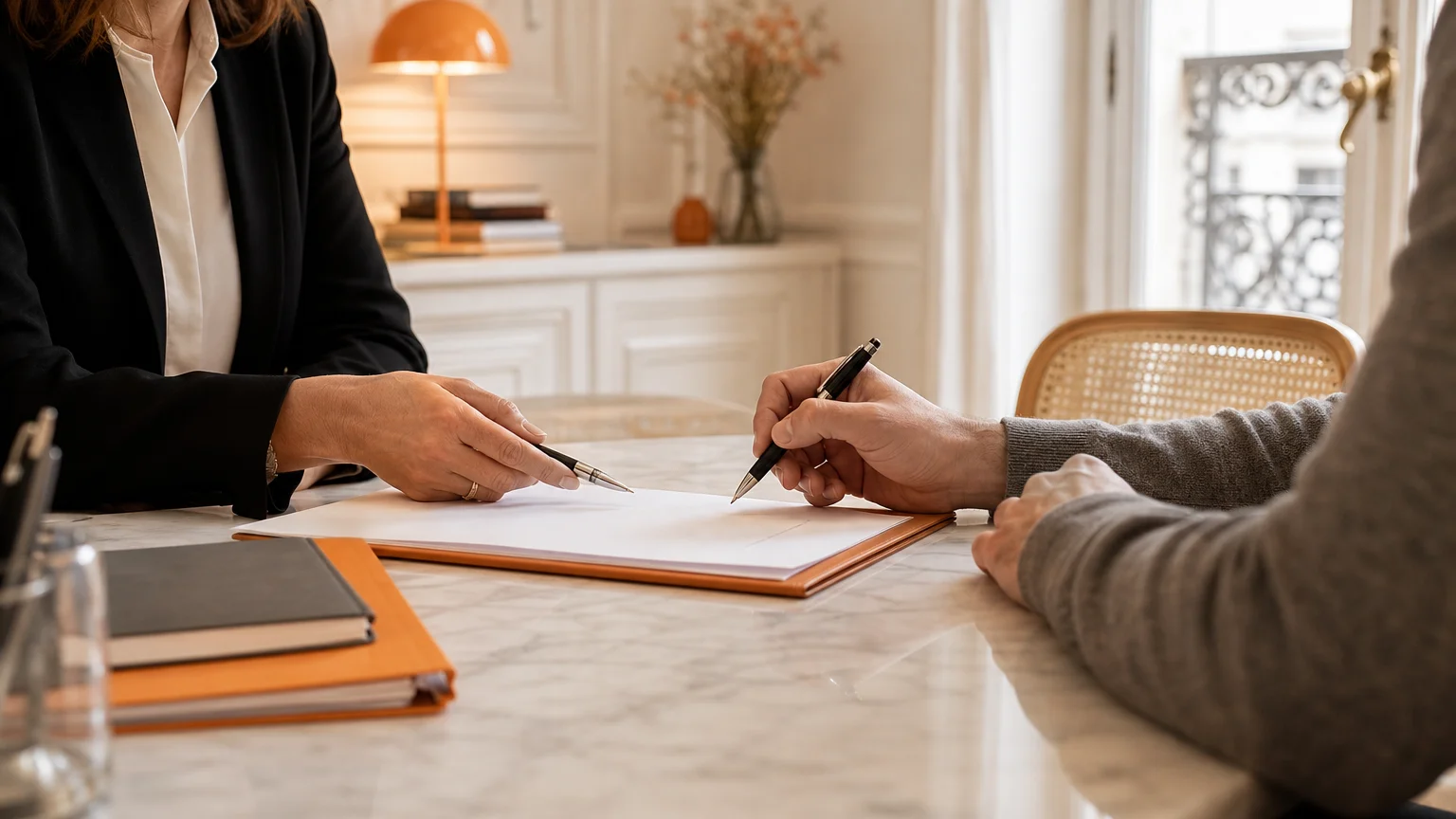 Échange confidentiel entre un avocat et un client autour d’un document à signer.