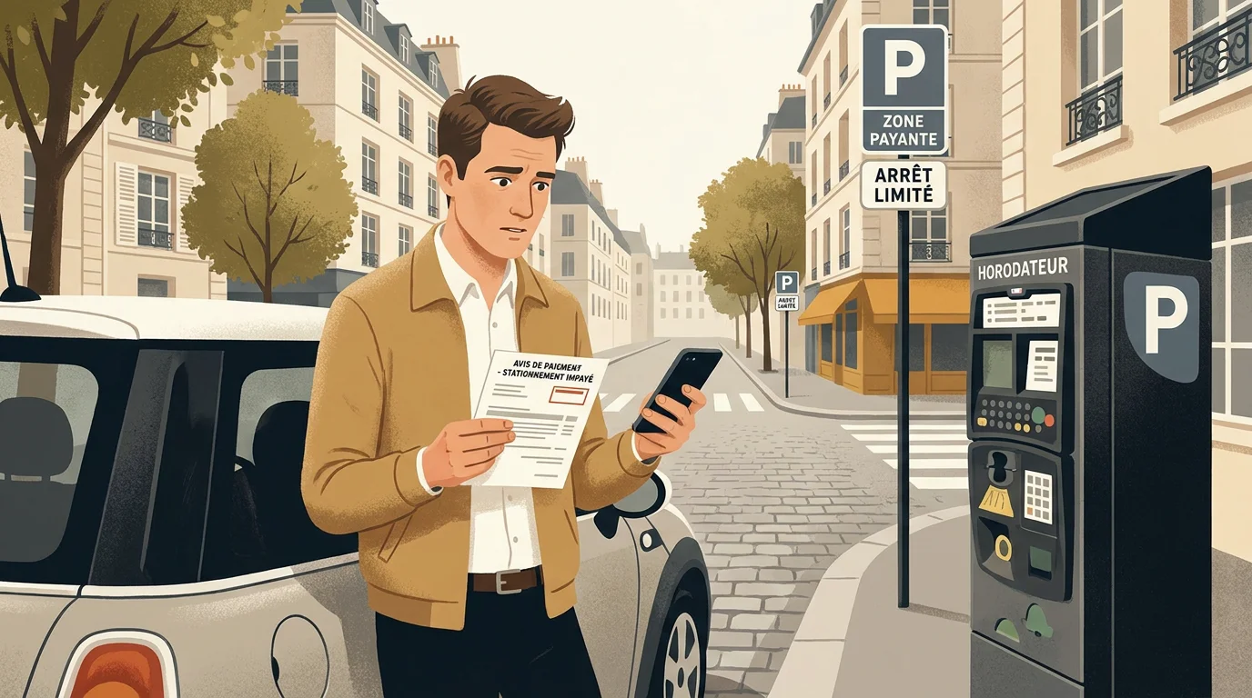 Automobiliste consultant un avis de paiement de FPS dans une rue française