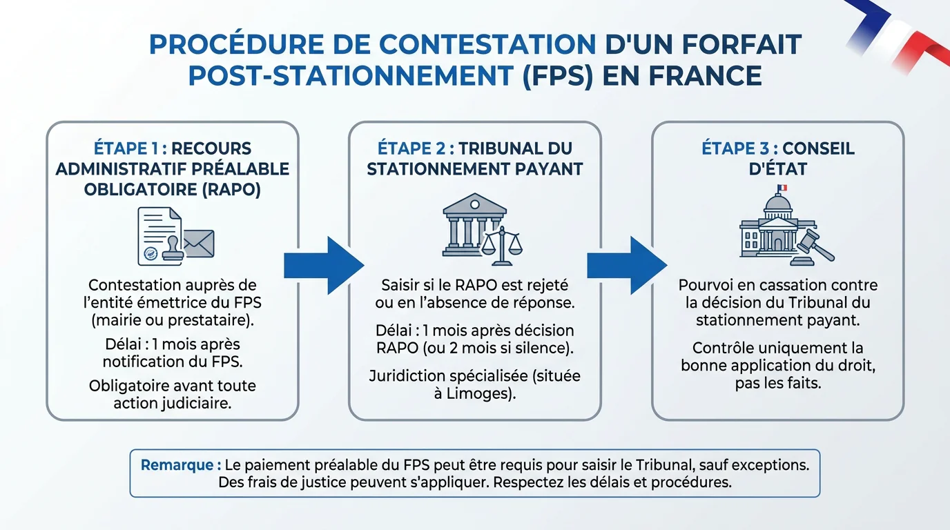 Schéma des trois étapes de contestation d'un FPS en France : RAPO, TSP, Conseil d'État