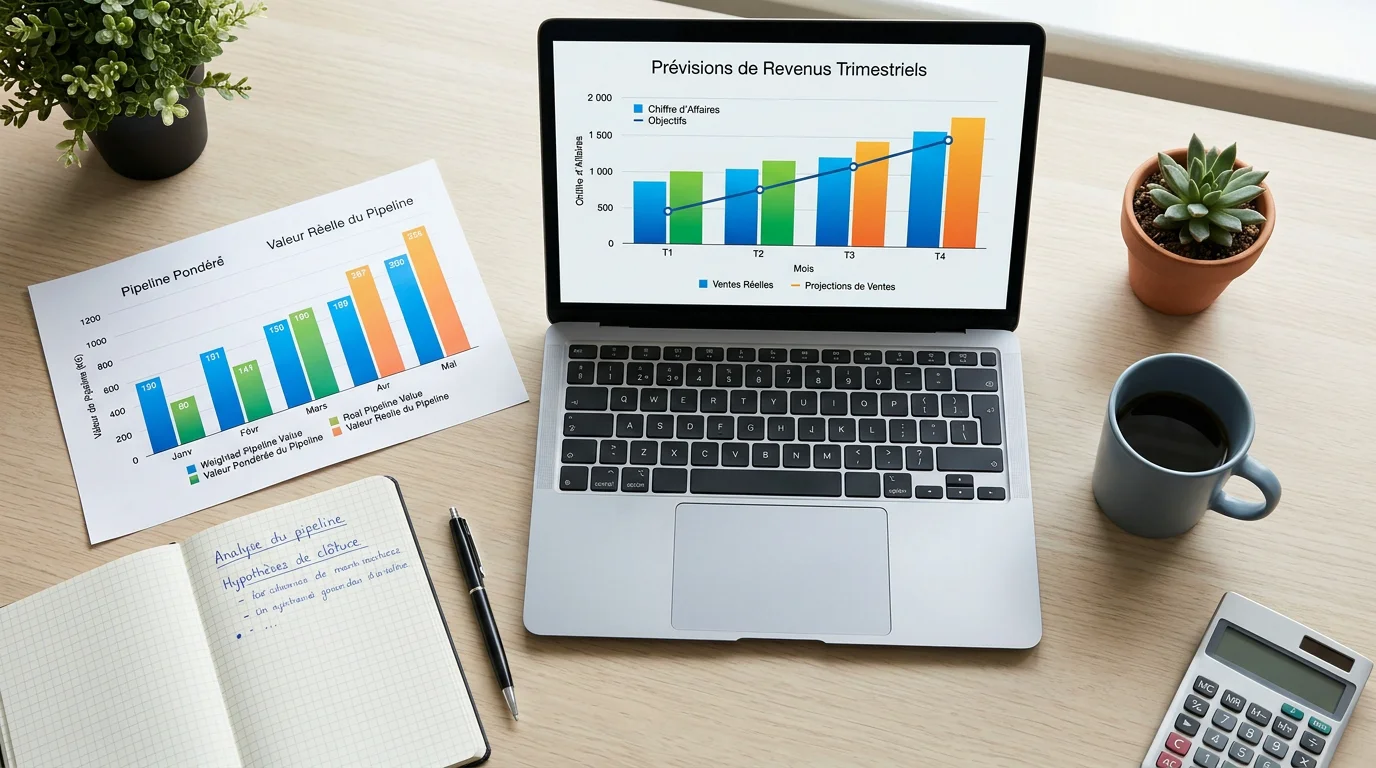 Prévisions de ventes pondérées visualisées sur des graphiques et un ordinateur portable