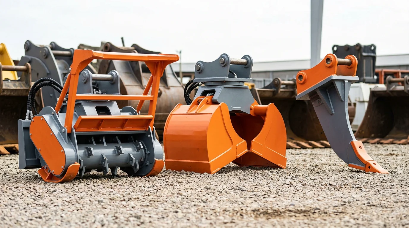 Différents accessoires hydrauliques pour pelle alignés dans une cour de chantier
