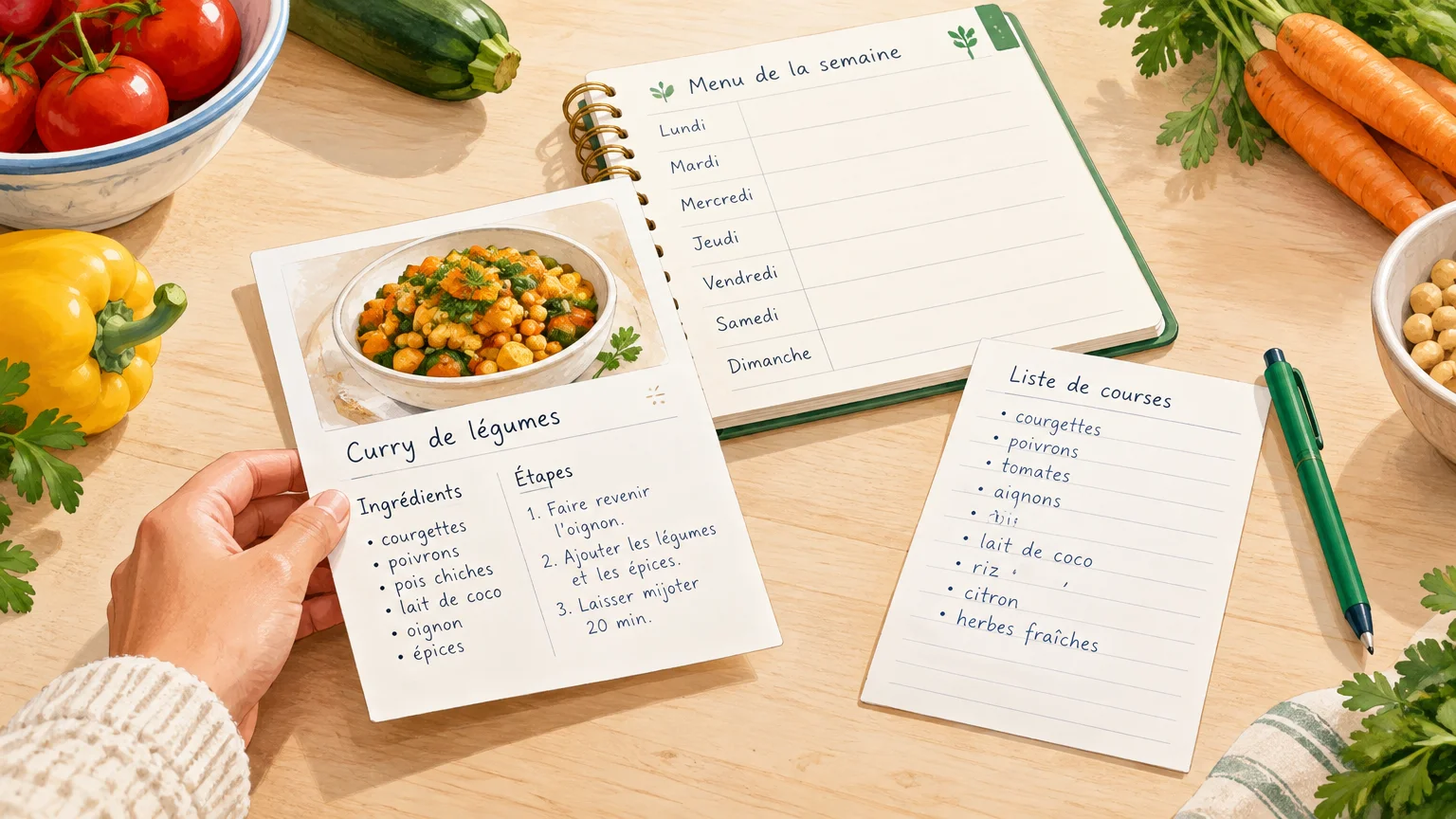 Une recette, un menu et une liste de courses réunis sur un plan de travail