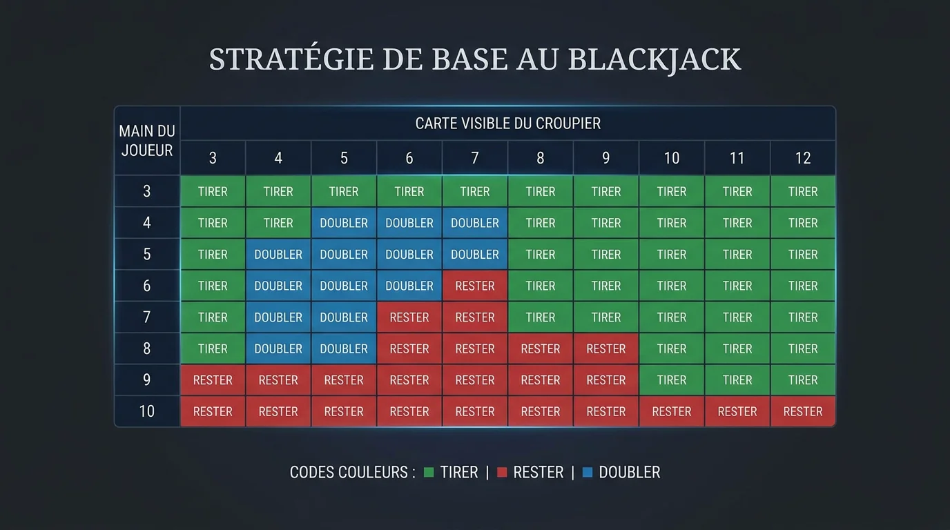 Tableau de stratégie de base au blackjack avec codes couleurs