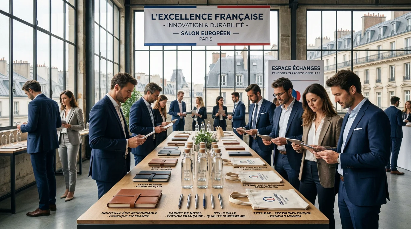 Stand de salon professionnel en France présentant des objets publicitaires personnalisés sur une table