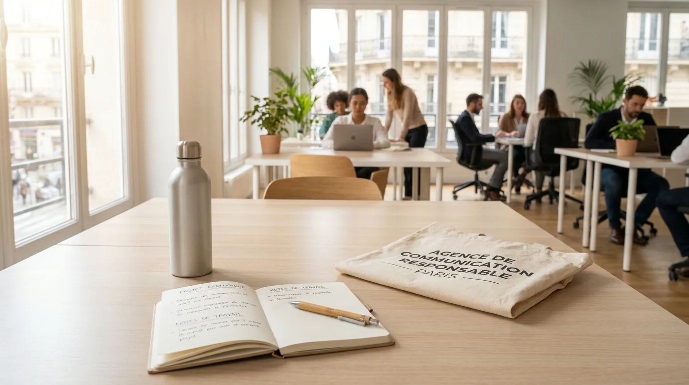 Bureau professionnel avec des objets publicitaires écoresponsables personnalisés : gourde, carnet recyclé, stylo en bambou