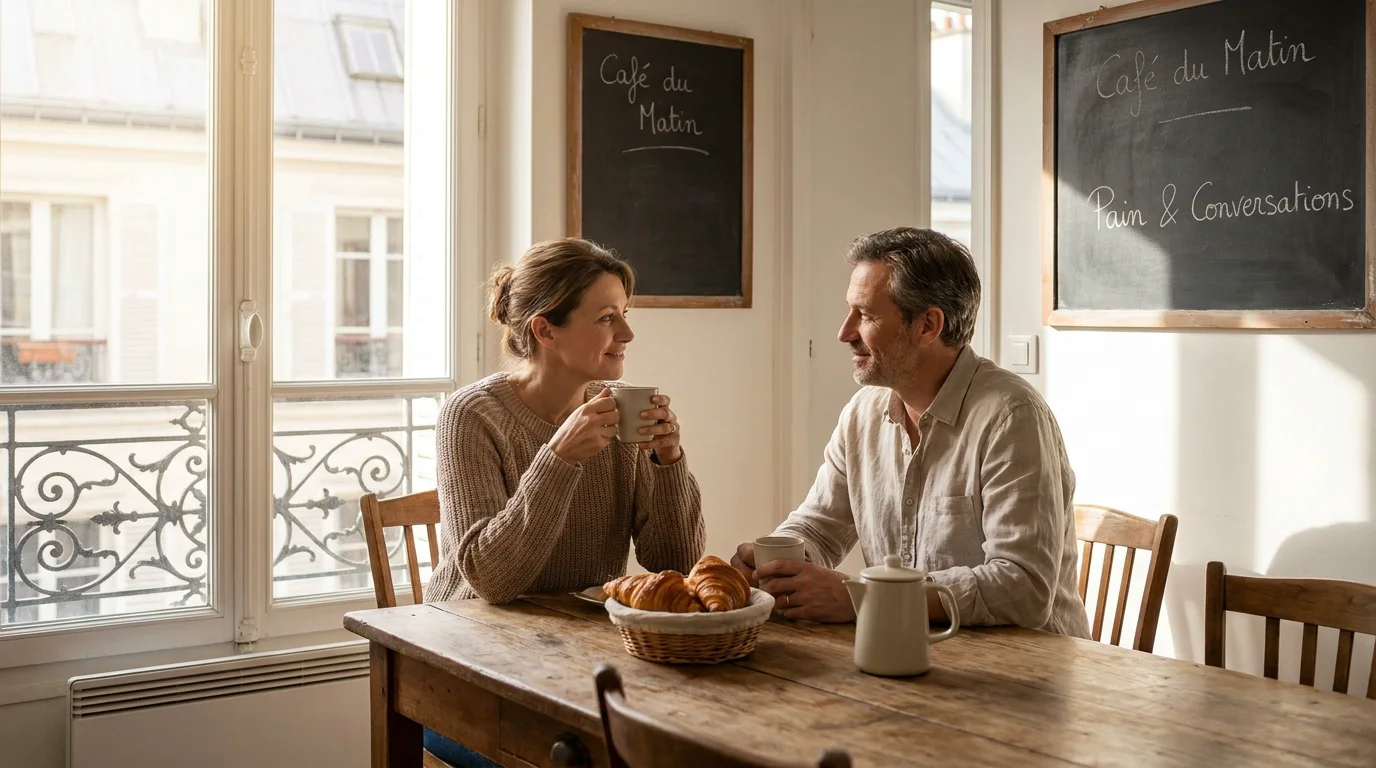 Couple européen discutant calmement autour d'un café dans un intérieur chaleureux