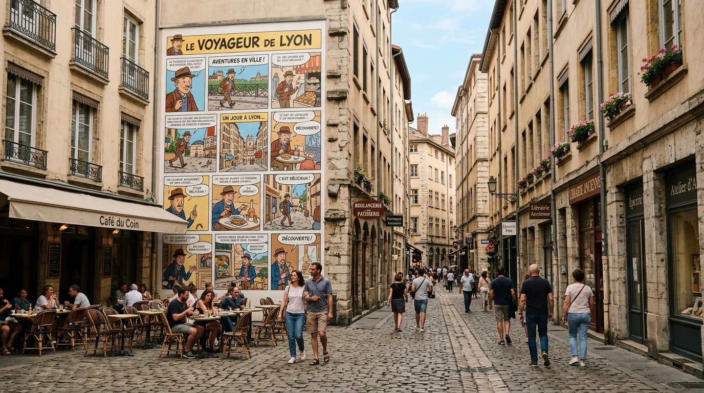 Rue pavée d'Angoulême avec un mur peint dédié à la bande dessinée