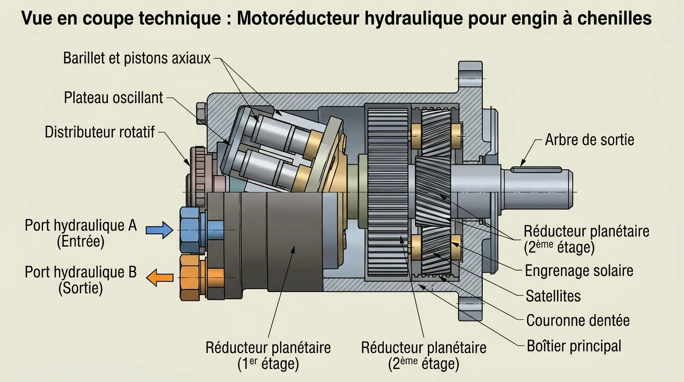 Schéma en coupe d'un moteur de translation hydraulique pour mini pelle