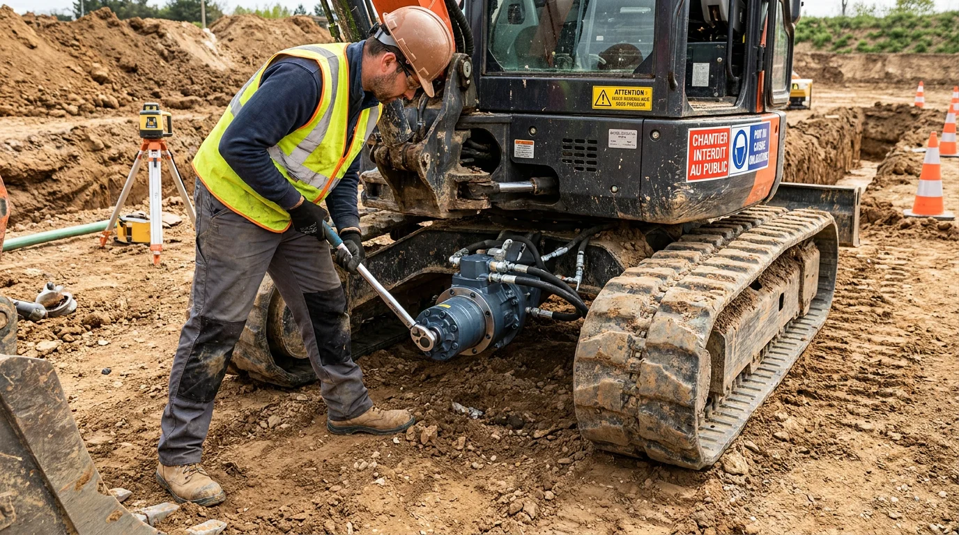 Installation d'un moteur de translation sur une mini pelle en situation de chantier
