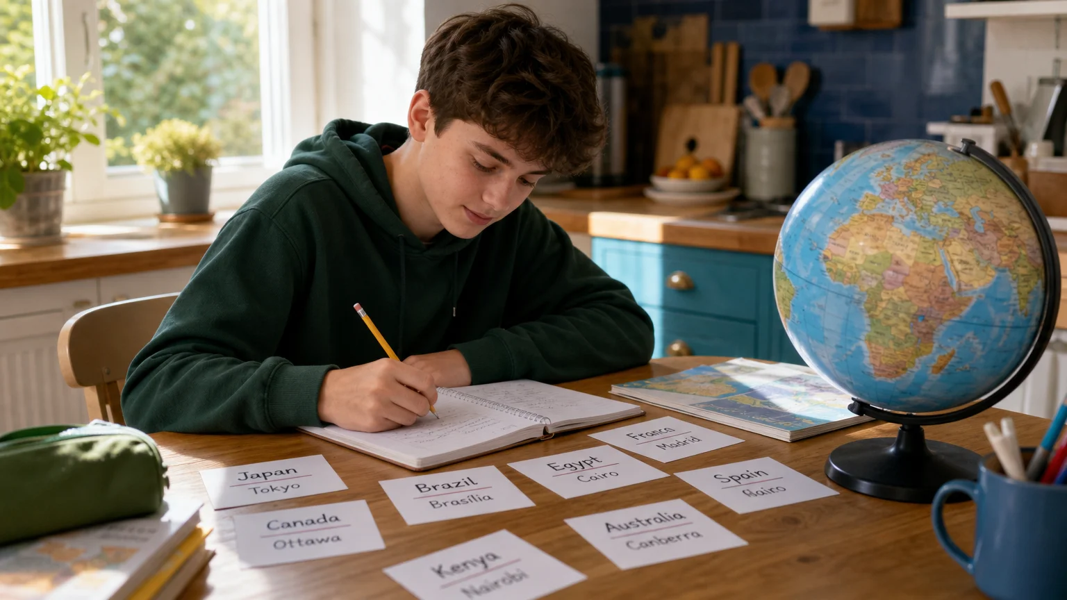 European student practising world capitals with cards and a notebook