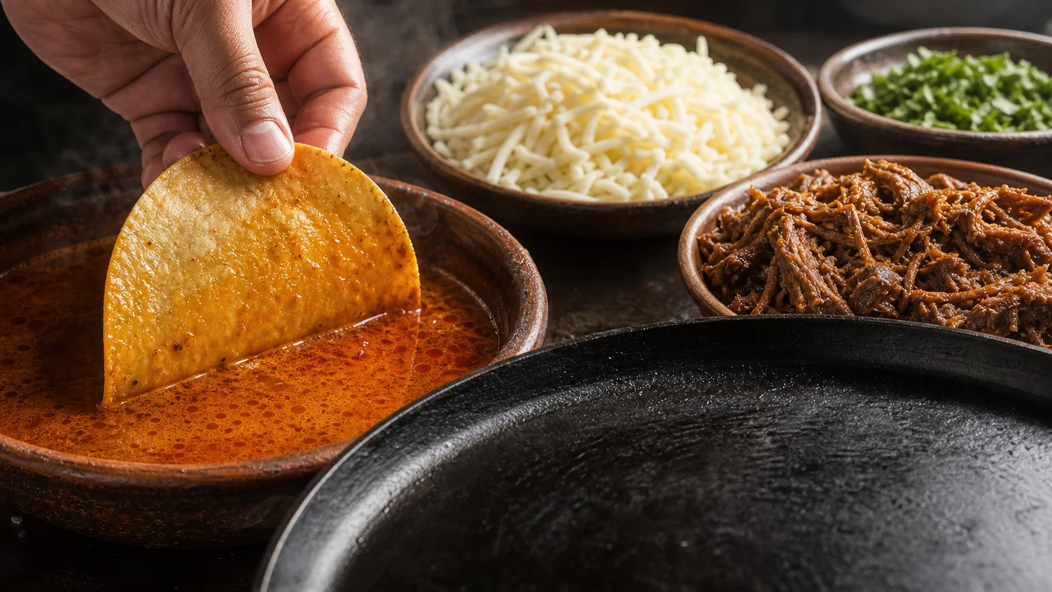 Tortilla trempée dans le consommé avant la préparation de quesabirria tacos