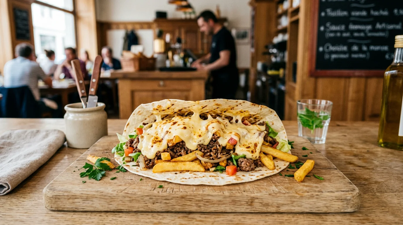 Tacos français ouvert montrant frites viande et sauce fromagère