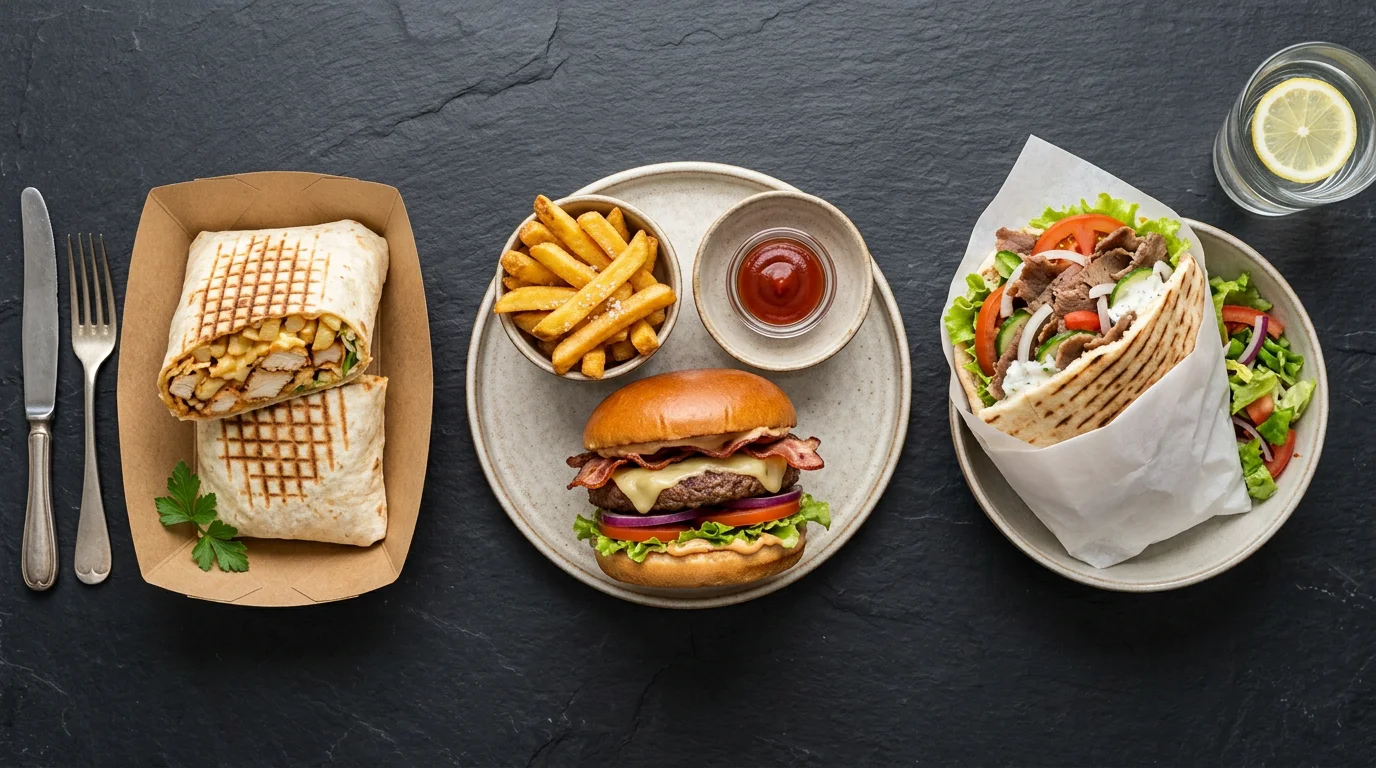 Comparaison visuelle entre un tacos français un burger et un kebab