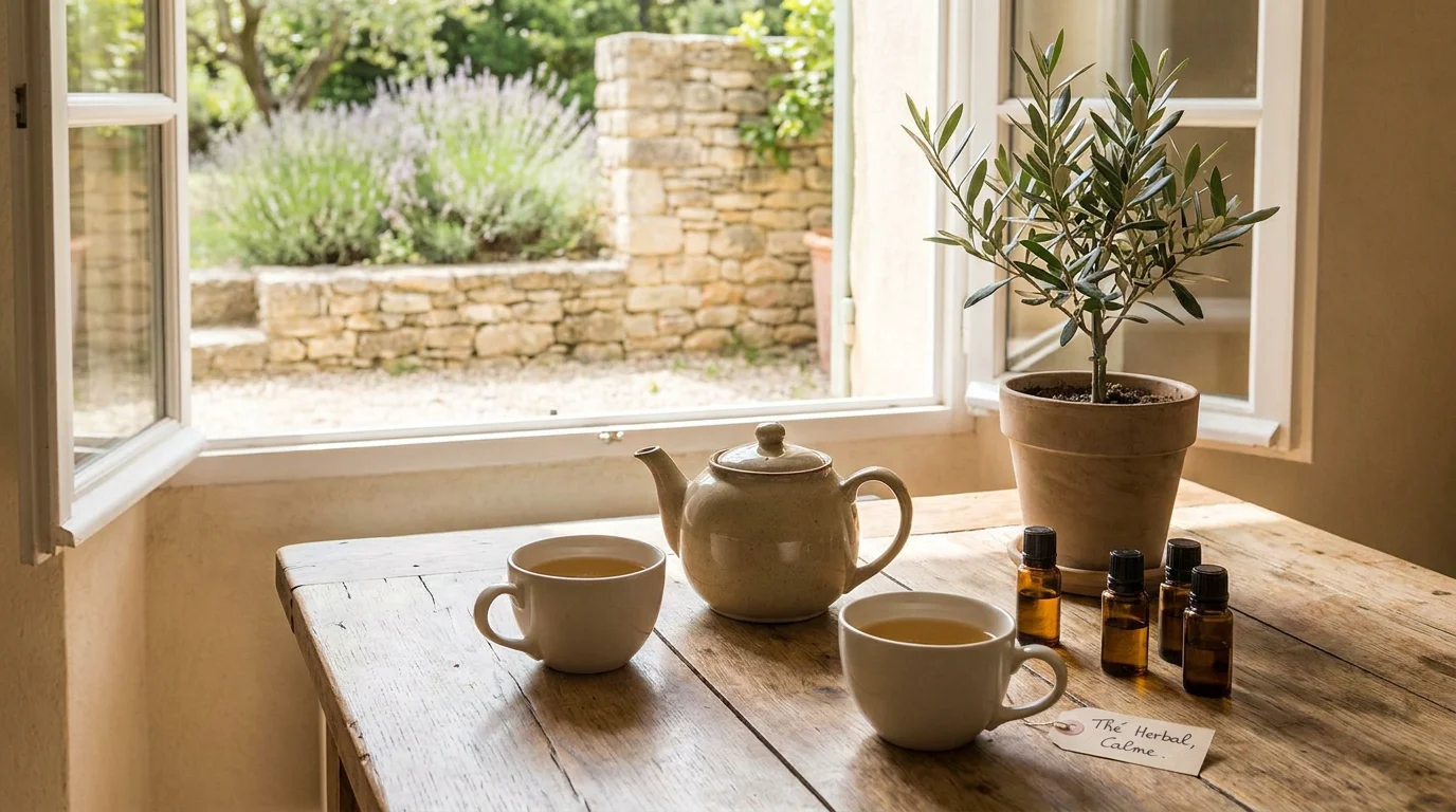 Ambiance bien-être holistique avec huiles essentielles et tisane dans un décor naturel