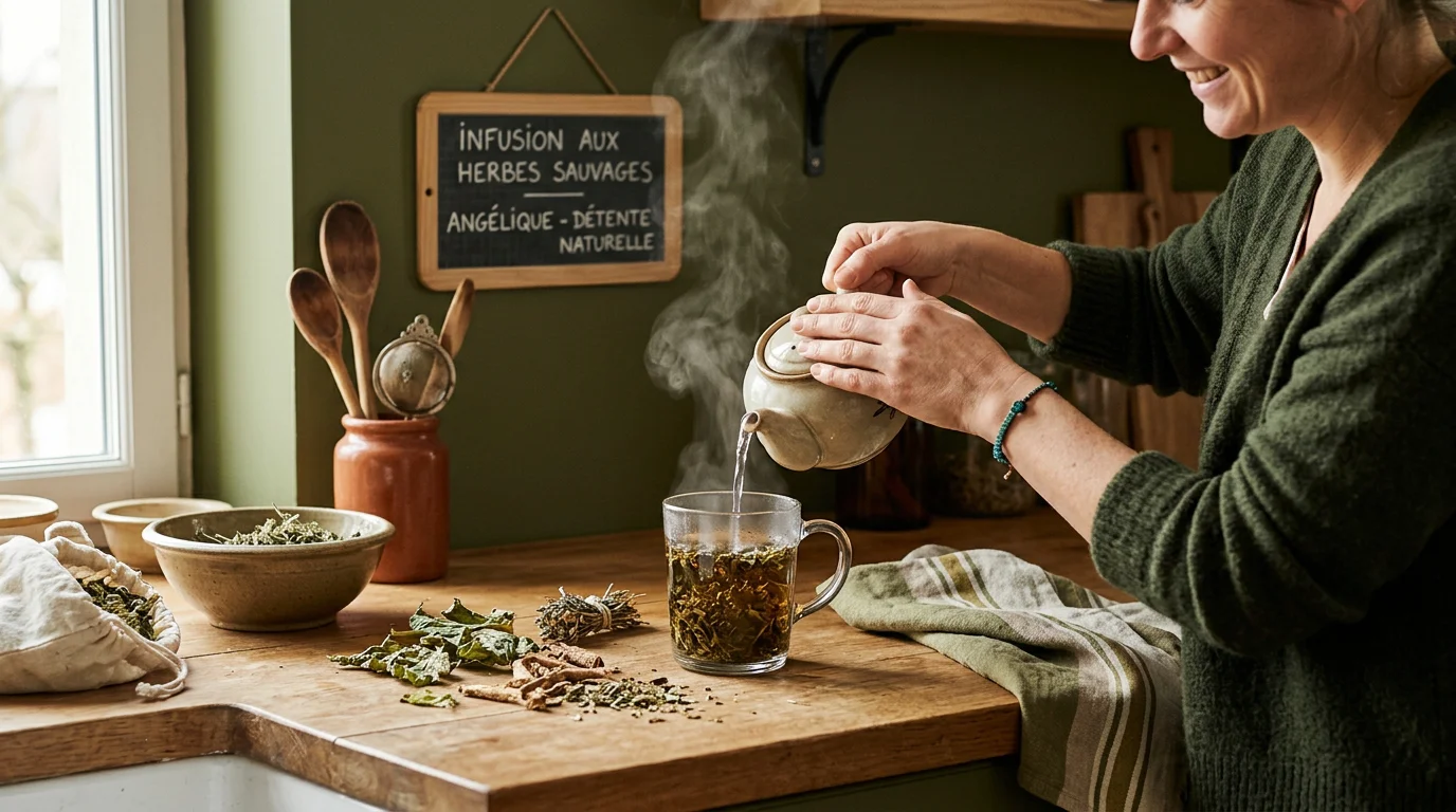 Infusion de feuilles d'angélique dans une tasse en verre