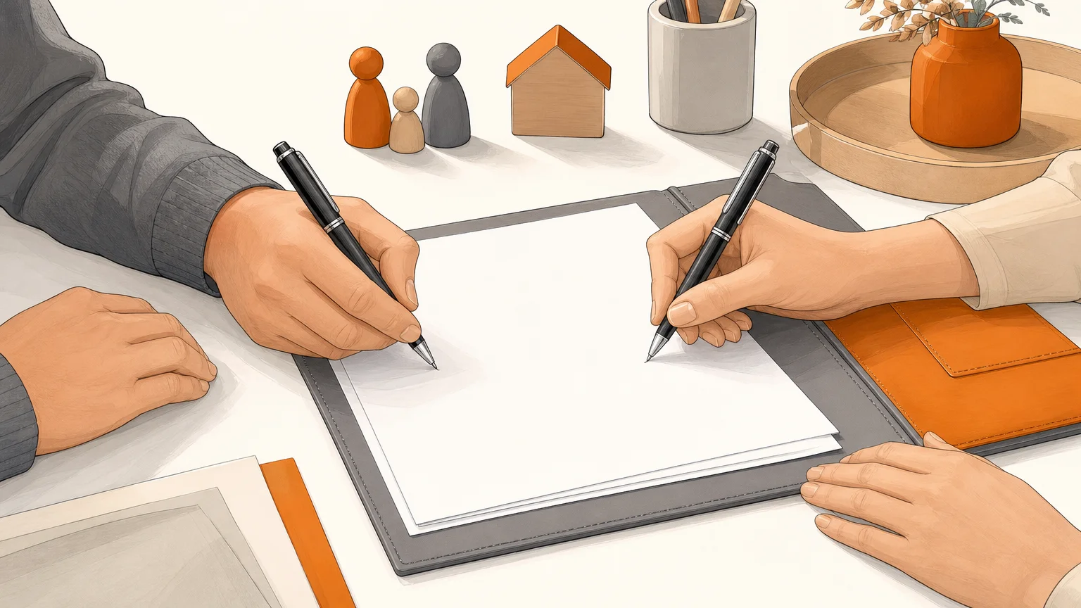 Gros plan illustré de mains signant une convention parentale sur un bureau juridique.