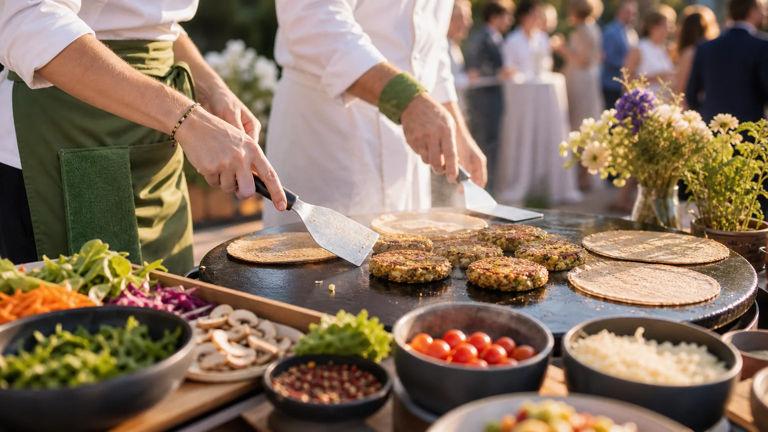 Préparation de recettes végétales à la minute lors d’un mariage