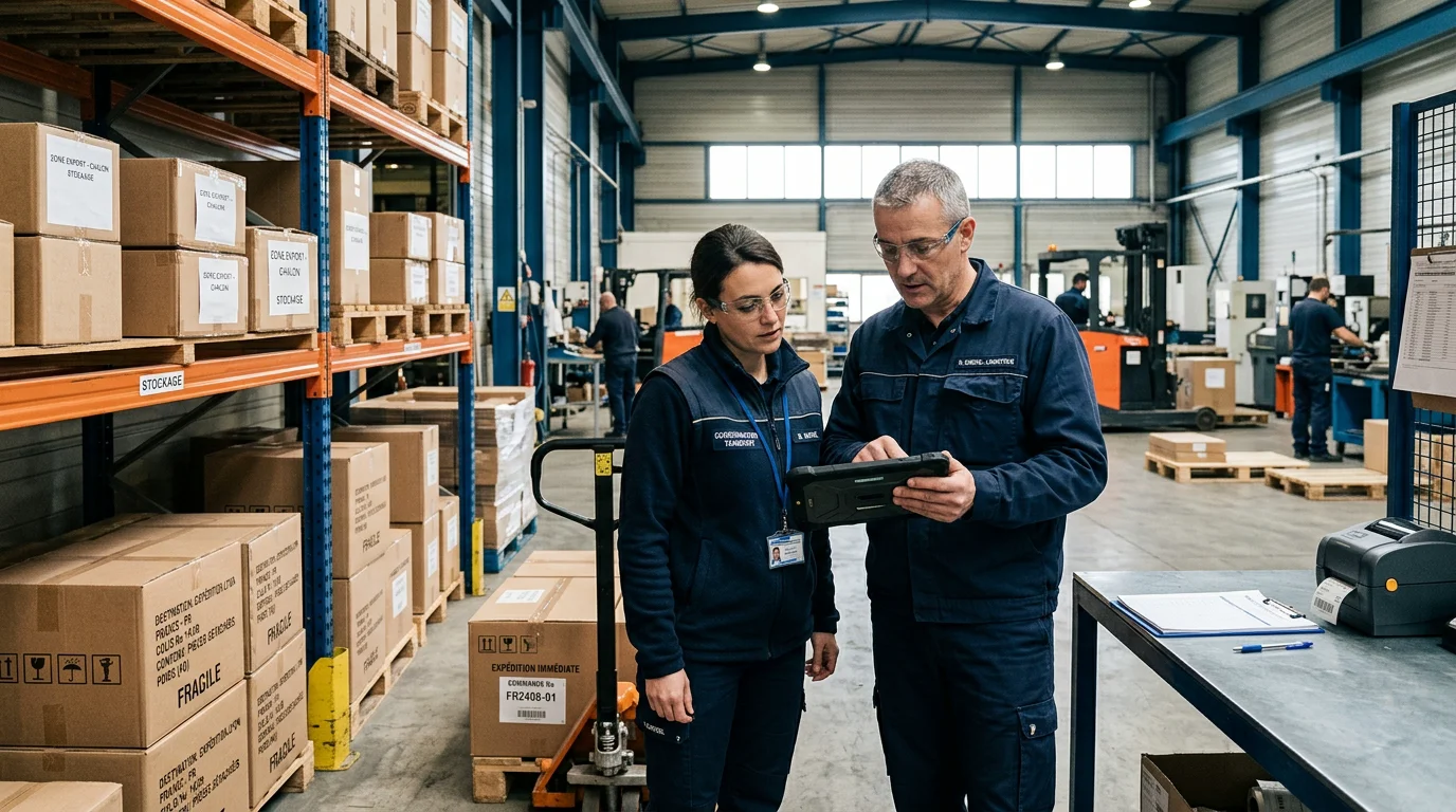 Responsables supply chain vérifiant des documents de livraison dans un entrepôt