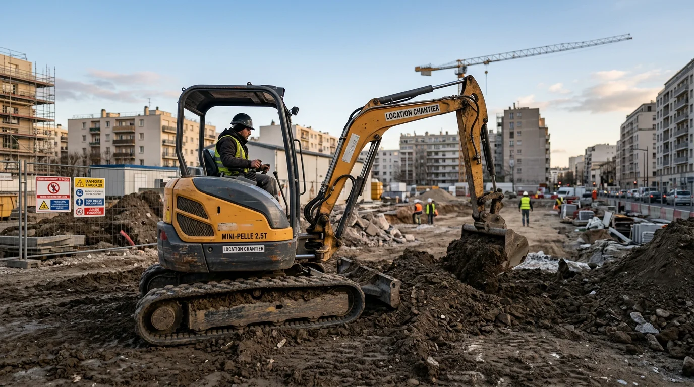 Mini-pelle compacte en action sur un chantier de terrassement