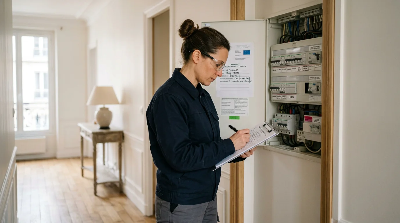 Diagnostiqueur certifié inspectant une installation électrique avant la vente d'un logement