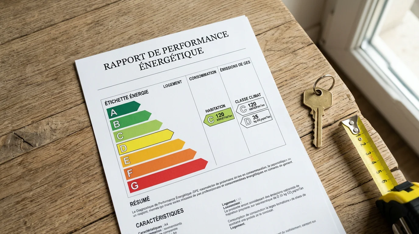Étiquette énergétique DPE et documents posés sur un bureau pour préparer une vente