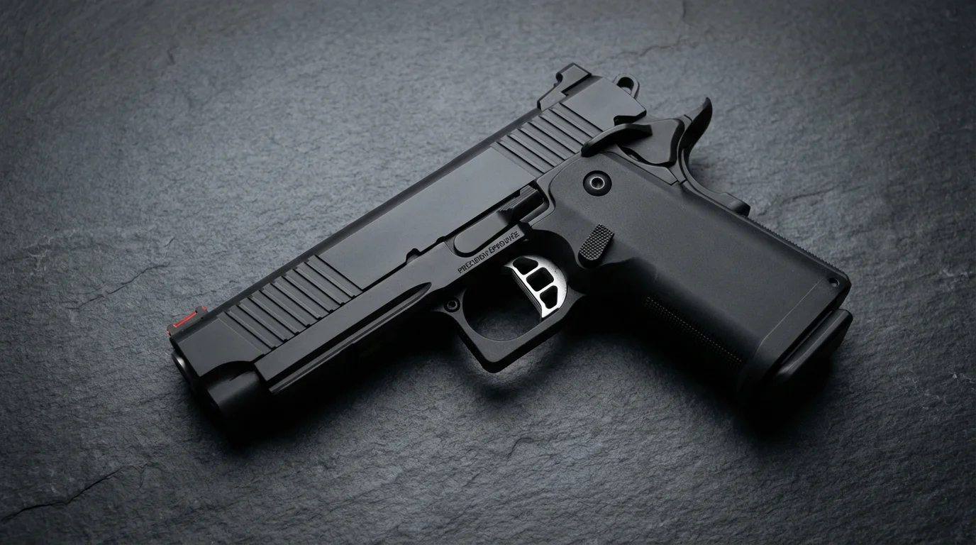 Pistolet de compétition 9x19 avec détente plate aluminium et visée fibre optique, posé sur une surface sombre