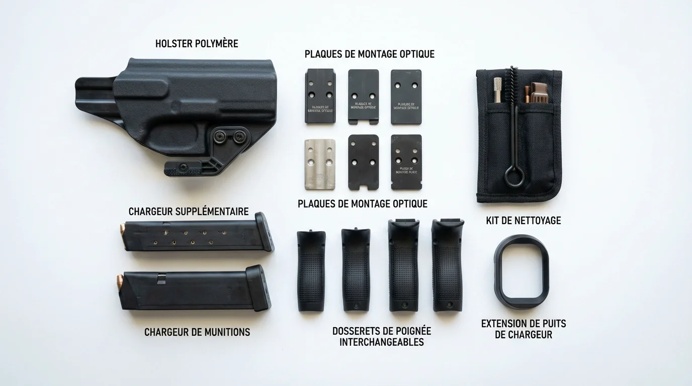 Accessoires fournis avec un pistolet de compétition : holster, chargeur supplémentaire, platines optiques et dosserets de poignée