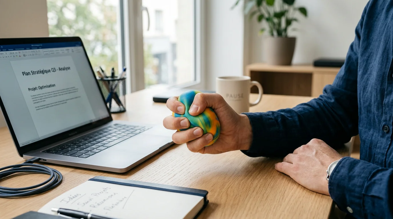 Employé pressant une balle anti-stress en mousse sur son bureau