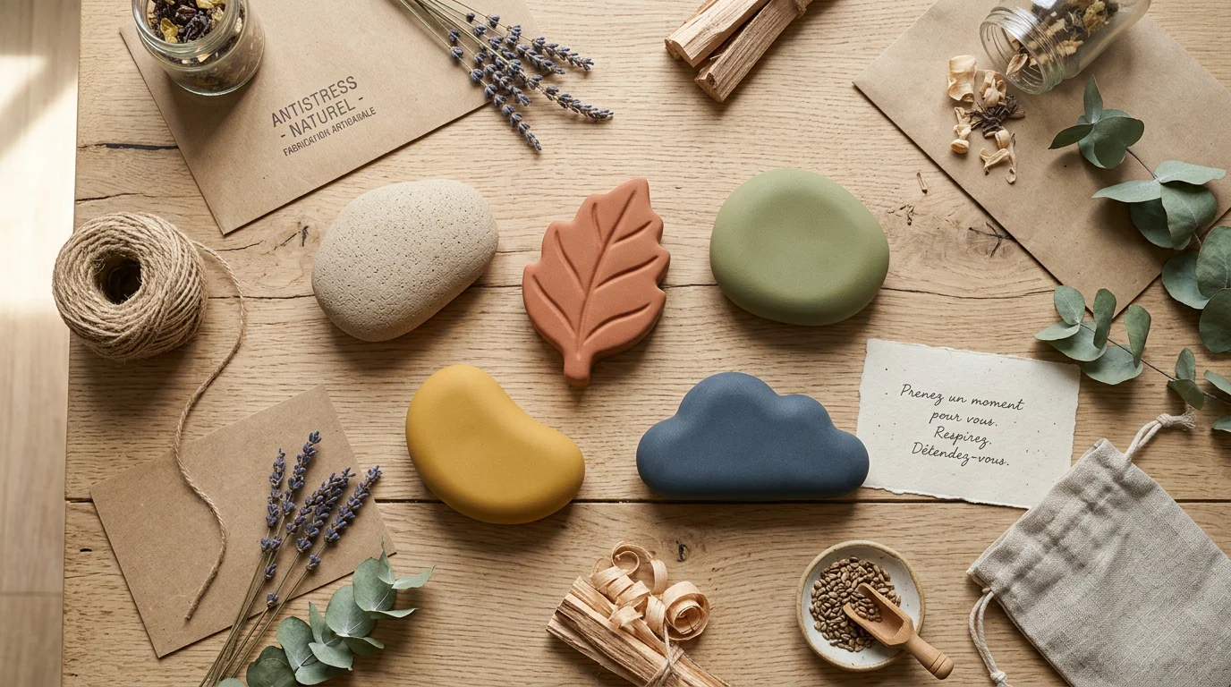 Composition d'objets anti-stress éco-responsables vus de dessus