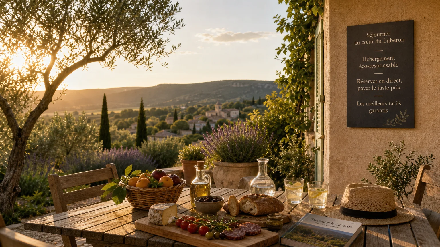 Terrasse provençale d'un hôtel près d'Apt au coucher du soleil