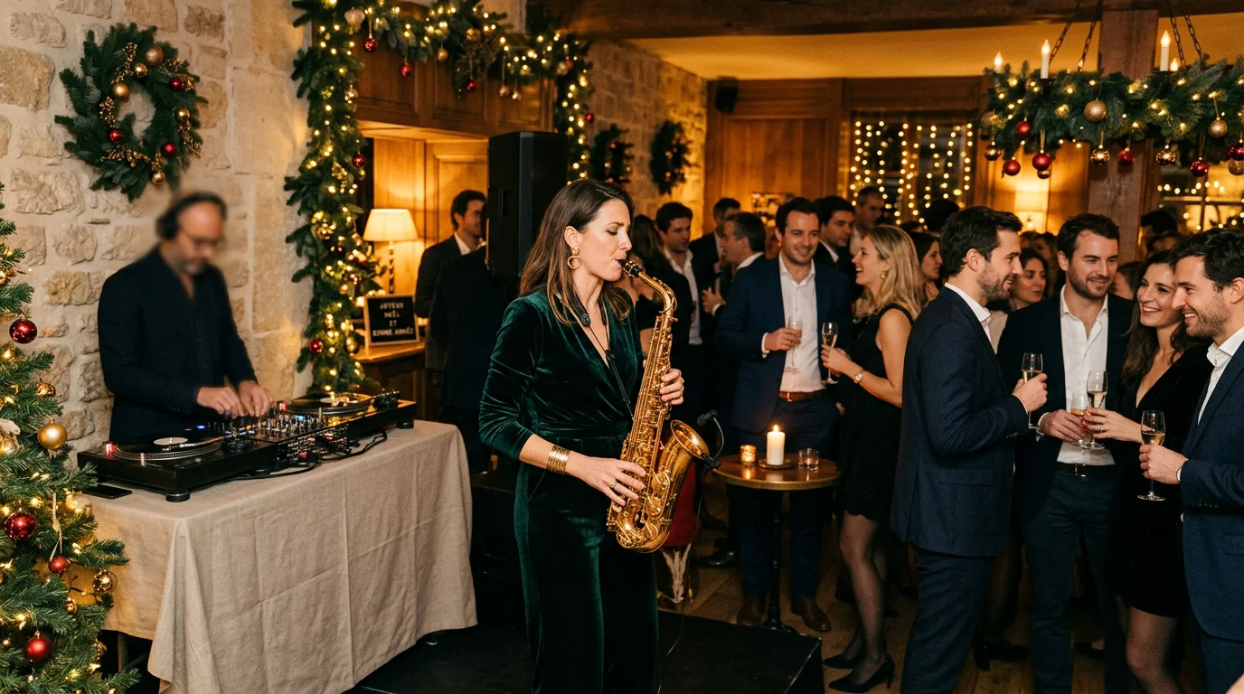 Un saxophoniste jouant en live parmi les invités lors d'une soirée de Noël élégante