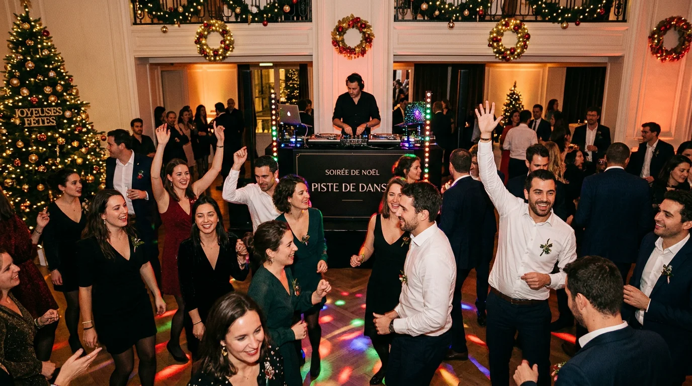 Piste de danse animée par un DJ lors d'une fête de Noël d'entreprise